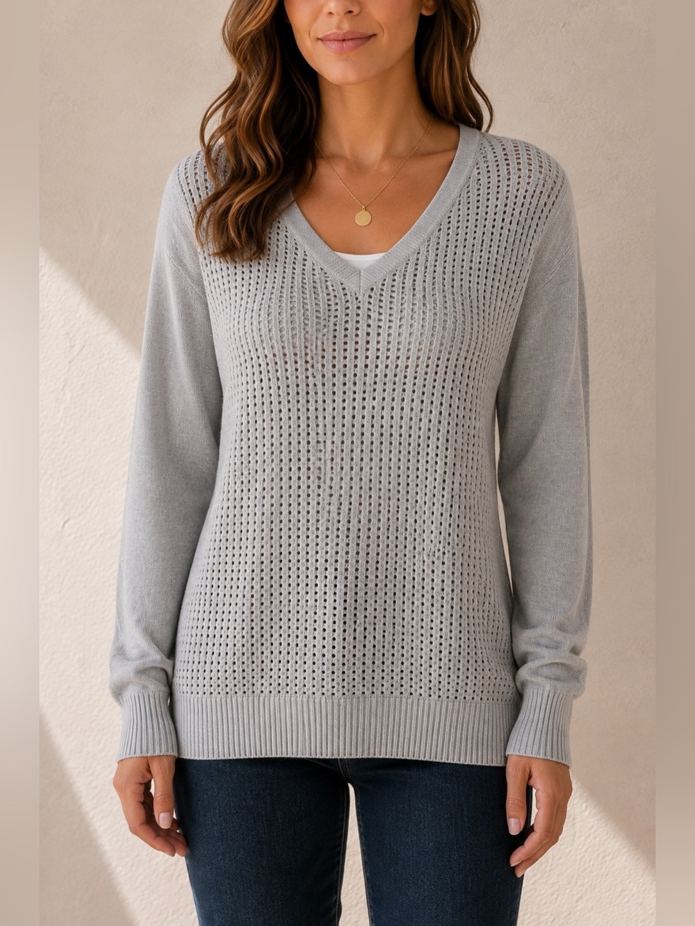 The Limited Gray Open Knit V-Neck Sweater Lightweight Layering Top S